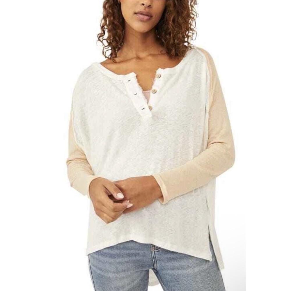 Free People We The Free Grand Slam Linen Blend Top White Combo Size Large Boho